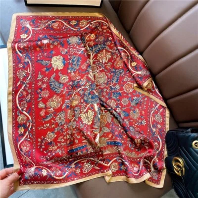 100% Mulberry Silk 27" Square Scarf Women Neckerchief Wrap Vintage Red Flower - Image 1 of 4