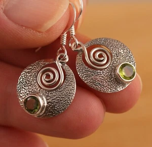 Natural Peridot 925 Sterling Silver Dangle Drop Spiral of Life Earrings Gift Box - Picture 1 of 6