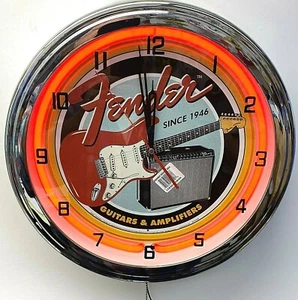 16" FENDER GUITAR Metal Sign Red Neon Wall Clock Amplifier Music Studio - Bild 1 von 2
