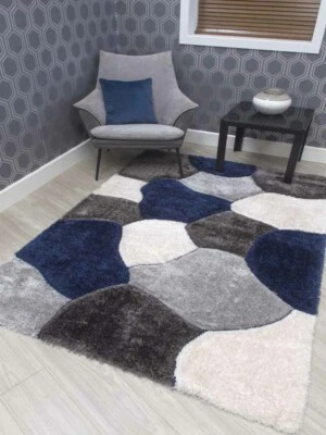Modern Navy Rugs Dark Blue Thick Chunky Living Room Silky Carpets Heavy Shaggy - Image 1 of 2