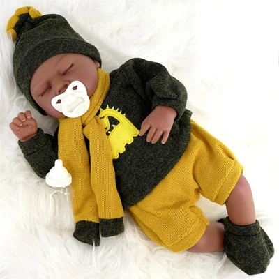 20" Black Baby Doll Ethnic Reborn Boy Sleeping Toy with Dummy & Bottle BiBi Doll - Image 1 of 4