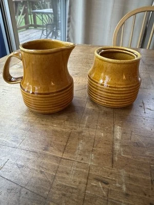 Homer Laughlin Co. Brown/Mustard Glazed Pottery Creamer And Sugar Set  No Lid - Image 1 of 4