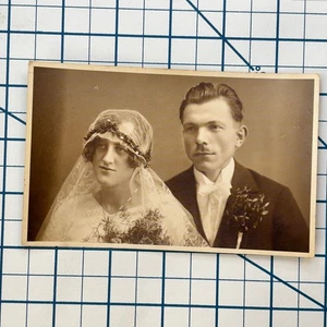 RPPC Antique Sepia Wedding Couple Postcard Vintage Photo Linen Style - Picture 1 of 3