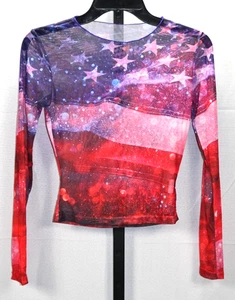 Pullover mit amerikanischem Flaggenmotiv Langarm transparent Oberteil Größe XS Polyester & Elasthan - Bild 1 von 3