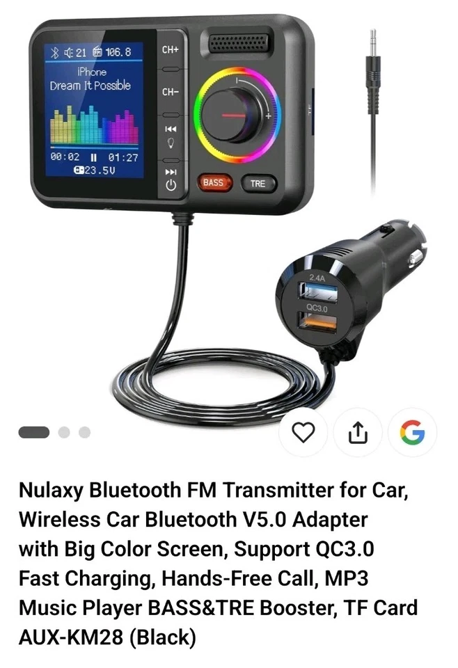 Nulaxy Bluetooth Transmisor FM para Coche, Inalámbrico Coche V5.0 Negro  Foto 1 de 1