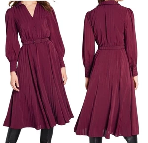 ModCloth Women 6 Dress Belted Fit Flare Burgundy Midi Long Sleeve Vintage Style - Picture 1 of 16