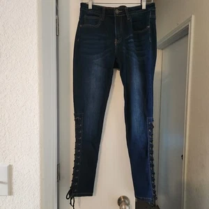 Machine Nouvelle Mode Blue Skinny Jeans Sz 7 US 29 Lace Up Side Fringe Stretch - Picture 1 of 9