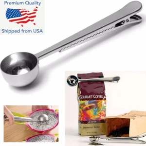 New Stainless Steel Ground Coffee Measuring Scoop Spoon With Bag Seal Clip - Picture 1 of 5