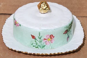 Antique Butter Dish Square Plate Round Finial Dome Gold Edge Pink Roses China - Picture 1 of 10