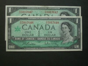 ***2 Consecutive Canada $1 Crisp GVF**1967  Banknotes  - Picture 1 of 7