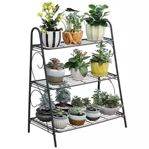 3 Tier Metal Plant Flower Stand Pot Open Display Shelf Outdoor Indoor Tall Rack - Picture 1 of 12