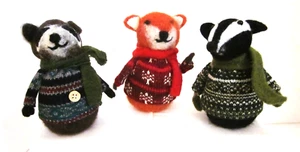 3 Pc Felted Woodland Animals Sweaters & Scarves Bear Raccoon Badger 5" - Picture 1 of 3