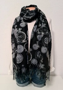 Unisex XL Winterschal Tuch super soft Viskose/Wolle Fransen Uhren Schwarz/Grau - Bild 1 von 3