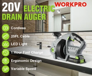 WORKPRO 20V Electric Drain Auger 25Ft Plumbing Snake Drain Hair Removal Tool Set - Picture 1 of 10