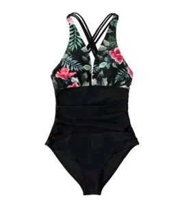 NWT Cupshe Women's Size S Black/Floral One Piece Swim Suit - Picture 1 of 8