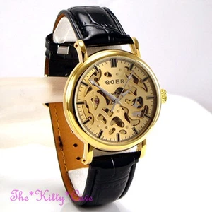 Automatic Mechanical Skeleton Steampunk Gold Plated Cutwork Black Leather Watch - Picture 1 of 12