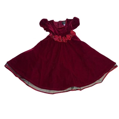 Girls Sugar CA Velour Deep Red Bows Holiday Short Sleeve Twirl Dress  Size 5 - Image 1 of 4