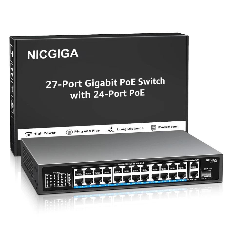 24-Port Gigabit PoE Switch with 24 PoE+@300W, 2 Gigabit Uplink Ports, 1 SFP, ... - Image 1 of 4