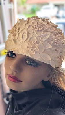 Vintage 50’sStretch Rubber Cream Swim Cap Raised Textured Flowers Made in Spain  - Image 1 of 4