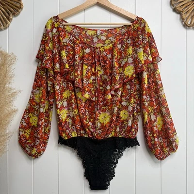 Free People bodysuit floral ruffled long sleeve bell sleeve polka dot chiffon XS - Image 1 of 4