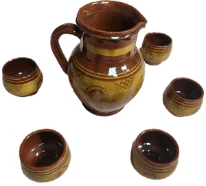 Steinkrug mi 6 Bechern,  braun senfgelb Ton Kanne Tongefäß rustikal  Mostkrug - Bild 1 von 3