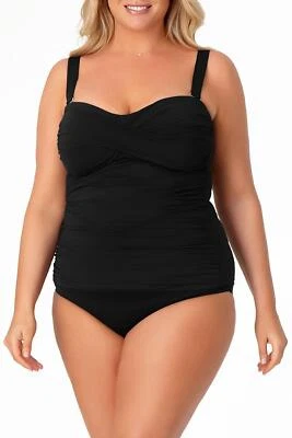 Anne Cole ESF11161 Plus Twist Front Shirred Bandeau Tankini Swim Top, Black, 20W - Image 1 of 2