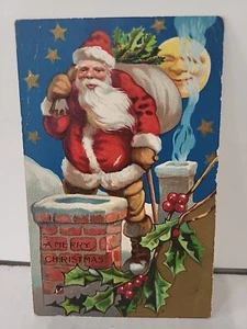 Vintage Christmas Postcard 1908 Santa Moon Chimney Roof Bag Stars Hand-Painted - Picture 1 of 3