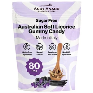 Sugar Free Australian Soft Licorice Gummy Candy ,Made in Italy 7 Oz - 80 Pcs - Picture 1 of 6