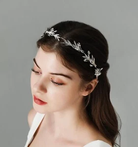 Rhinestone Wedding Hair Pieces Silver Leaf Headpiece for Brides and Girls - Picture 1 of 7