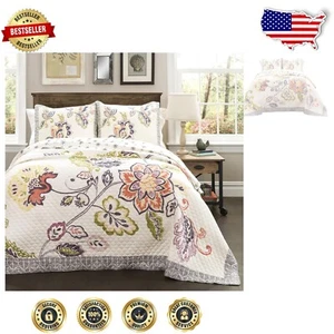 3-Pc Reversible Aster Floral Quilt Set in Coral & Navy - Full/Queen Size Luxury - Picture 1 of 3