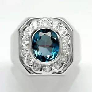 Natural London Blue Topaz Gemstone with 925 Sterling Silver Ring for Men's AJ419 - Picture 1 of 4