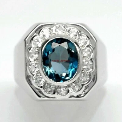 Natural London Blue Topaz Gemstone with 925 Sterling Silver Ring for Men's AJ419 - Image 1 of 4