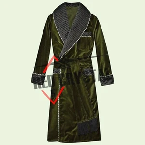 New Men's Dressing Gown Forest C Green Black Velvet Fine Quilted with Green Silk - Picture 1 of 5