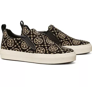 NEW TORY BURCH T Monogram Logo Slip-On Sneaker US 8 Black Chenille/Leather $268 - Foto 1 di 12