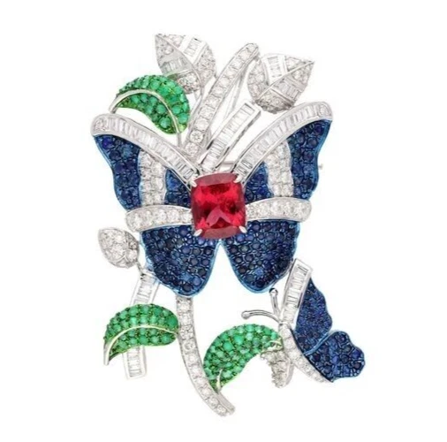 935 Silver 18.72TCW Ruby Sapphire & Emerald Butterfly Floral Design Woman Brooch - Image 1 of 4