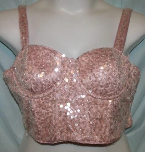 Lulus Pink Clear Sequin Satin Wide Straps Boned Bustier Size L Juniors - Picture 1 of 5