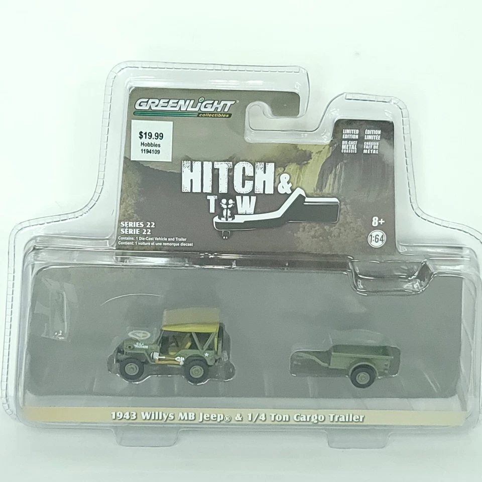 Greenlight 1 64 Hitch & Tow 1943 Willys Jeep With 1/4 Ton Cargo Trailer 32220a