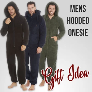 Mens Fleece All In One Lounge Jumpsuit Luxury Hooded Adult 1Onesie Winter S-XL - Picture 1 of 14