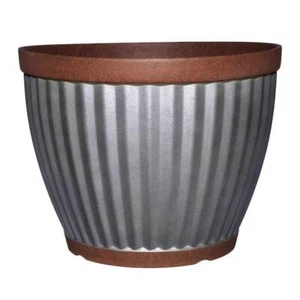 Galvanized Resin Round Planter Copper Rim 16 In. Indoor Outdoor Flower Container - Picture 1 of 3
