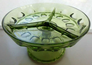Hazel Atlas Glass Green Thumbprint Reflection 8" Footed 3 Part Relish Tray - Picture 1 of 8