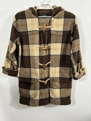 Abrigo polar Lauren Ralph Lauren para mujer mediano marrón a cuadros con capucha lona Foto 1 de 4