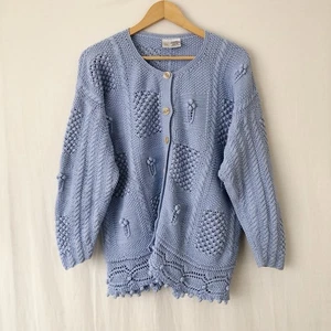 Vintage Knit Cardigan Size 14 16 18 Blue Cotton Button Up Patchwork Crochet - Picture 1 of 9