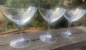 Vintage Etched Wheat Pattern Clear Glass MCM Crystal Champagne Glasses Set of 3 - Picture 1 of 9