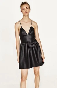 Zara Black Faux Leather A Line Dress spaghetti straps Sz M NWT Mob Wife Clubwear - Picture 1 of 13