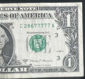 (5 IN A ROW!) $1 5 In A Row 7s Fancy Serial Number C28677777A Series 2017A - Picture 1 of 3