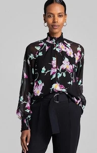 Top ALC Mujer 6 Negro Rosa Multi Floral Seda Venetia Manga Transparente Nuevo con Etiquetas - Imagen 1 de 4