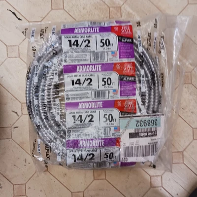 Armorlite Cable 14/2 w/ground. Solid CU MC Metal Clad Electric Cable 50 Ft. - Image 1 of 2