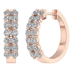 Natural Diamond I1 G 1.35 Ct 2 Row Hoop Earring 14K Rose Gold Prong Set 5.80grm - Picture 1 of 12