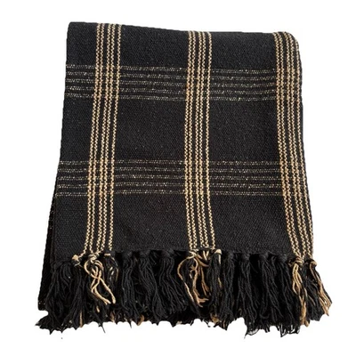 Creative Co-Op Plaid Black & Tan Fringed Woven Cotton Blend Throw 60" x 50" - Image 1 of 4