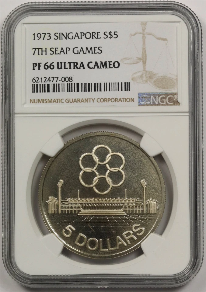 Singapur 1973 plata $5 NGC PF 66 Ultra camafeo 7th Seap Games Foto 1 de 4